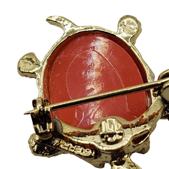 Gerrys Turtle Brooch Small Orange Lucite Tortoise Pin Vintage Signed Green Eyes - Picture 4 of 5